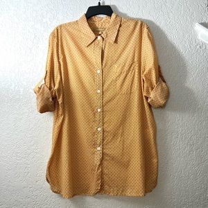 Ellen Tracy Caramel Brown White Print Button Casual Long sleeves Blouse Tops L